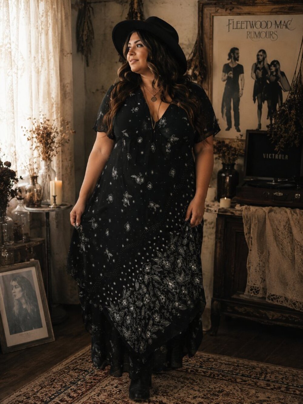 Vintage Rosey Tomato Black Floral Handkerchief Hem Midi Dress